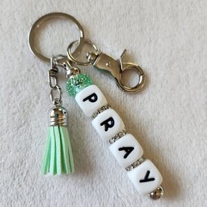 White and Seafoam Green Beaded Keychain with 'PRAY'